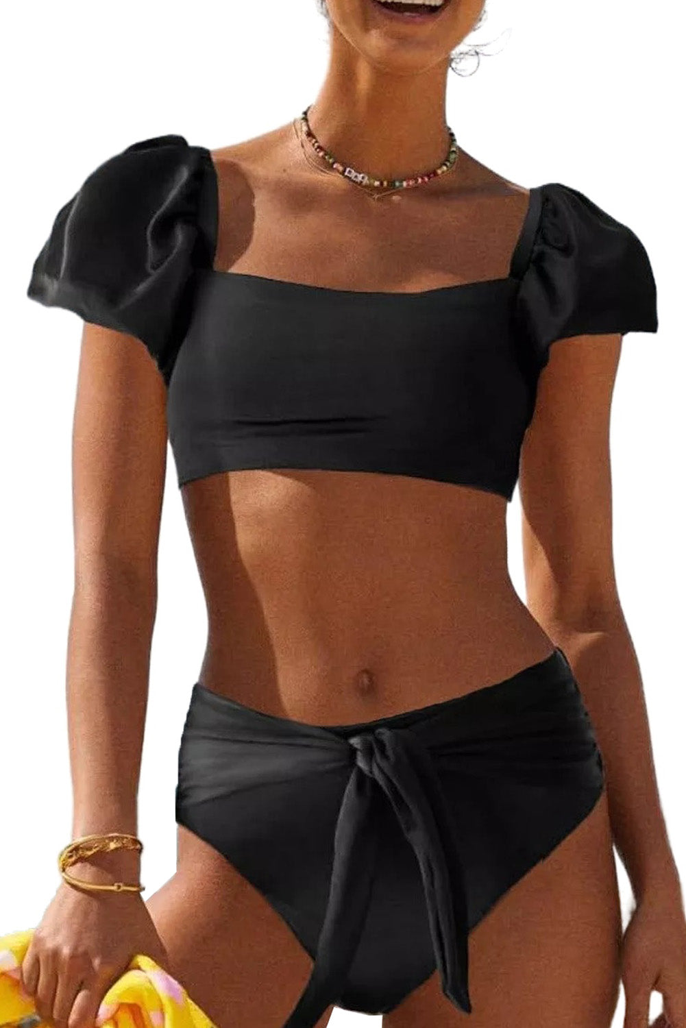 Black Sexy Bubble Sleeves High waisted swimsuits