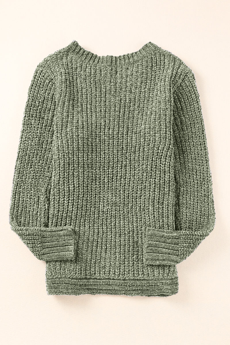 Green Long Sleeve Round Hem Cable Knit Sweater