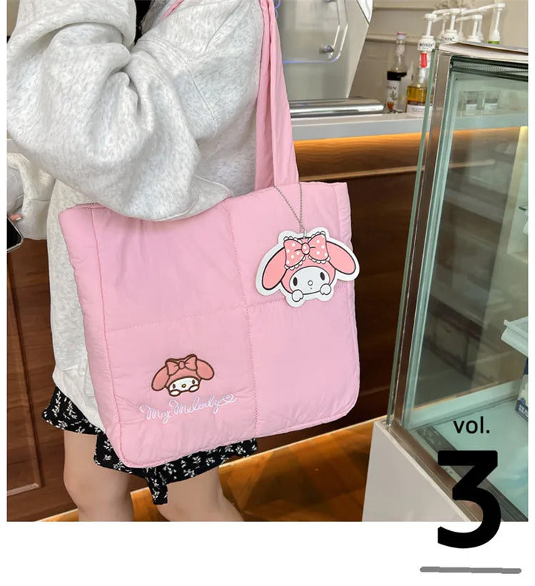 2024 New Sanrio Handbag Cartoon Cute Down Fabric Kuromi Tote Bag Shoulder Pacha Dog Cute Stationery Bag Large Capacity Handbag