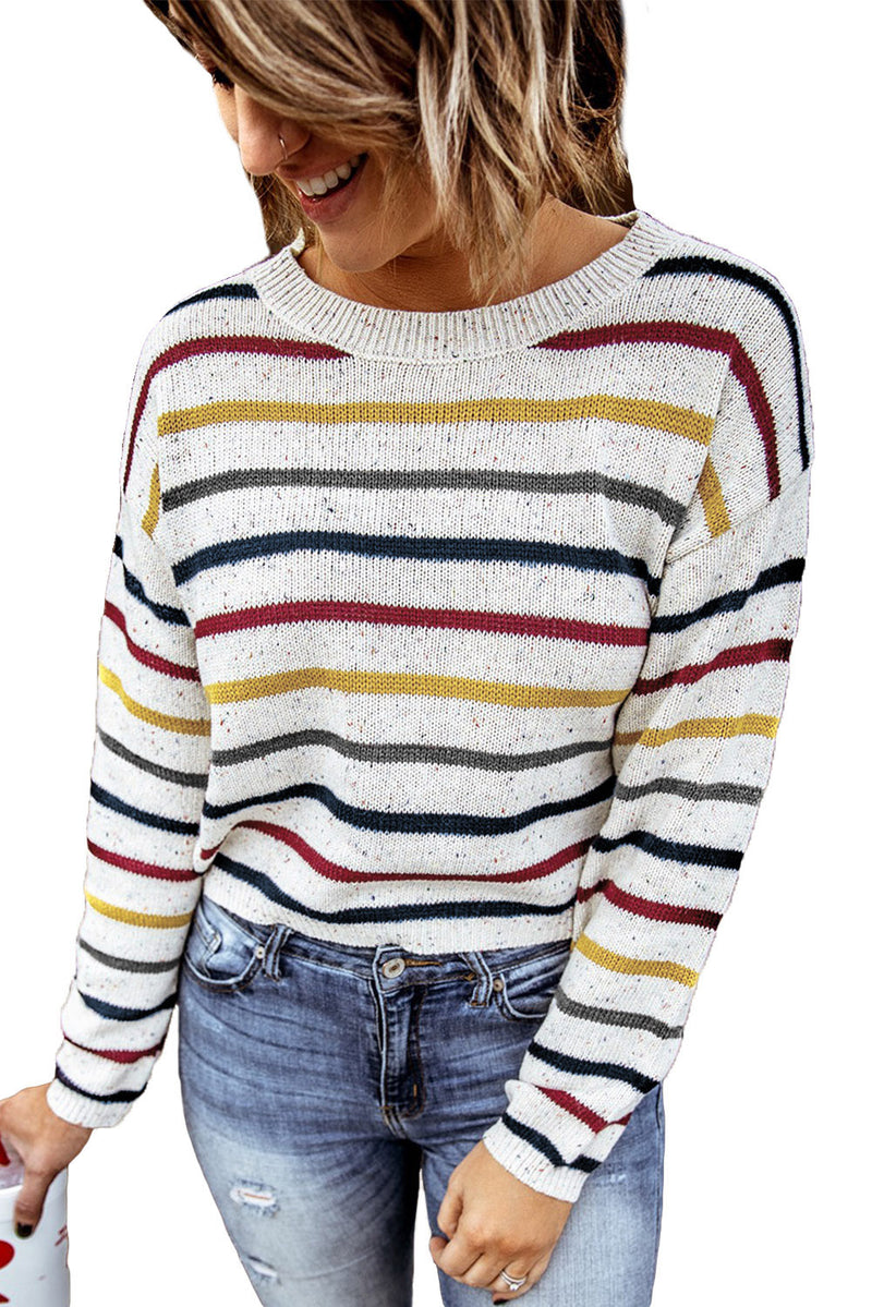 Striped Drop Sleeve Crew Neck Knit Sweater