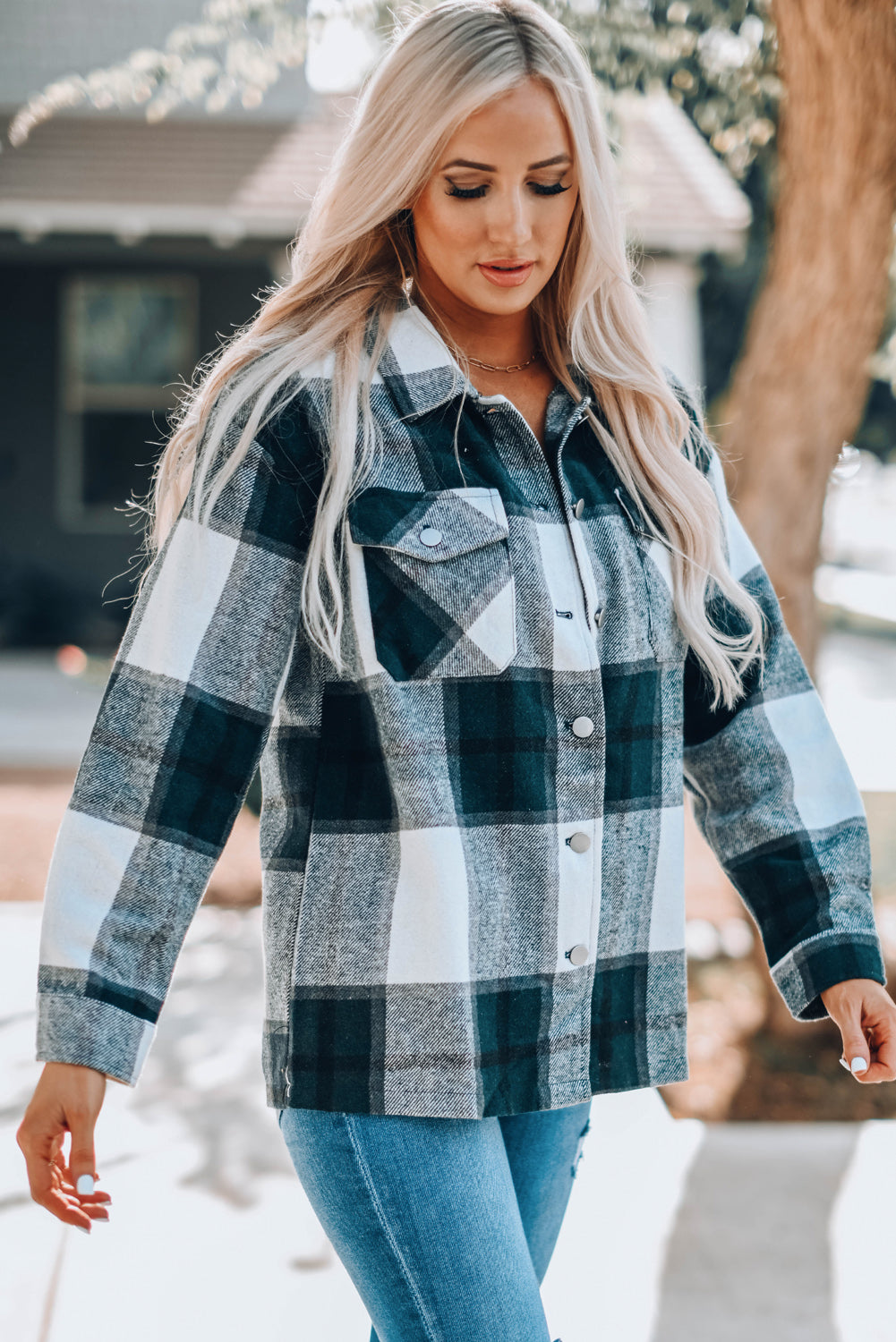 Green Plaid Print Buttoned Shirt Coat with Pocket