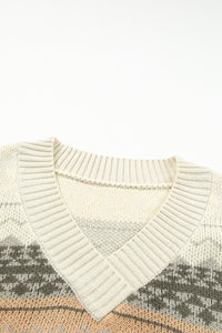 Khaki Geometric Print Ribbed Knitted V Neck Sweater