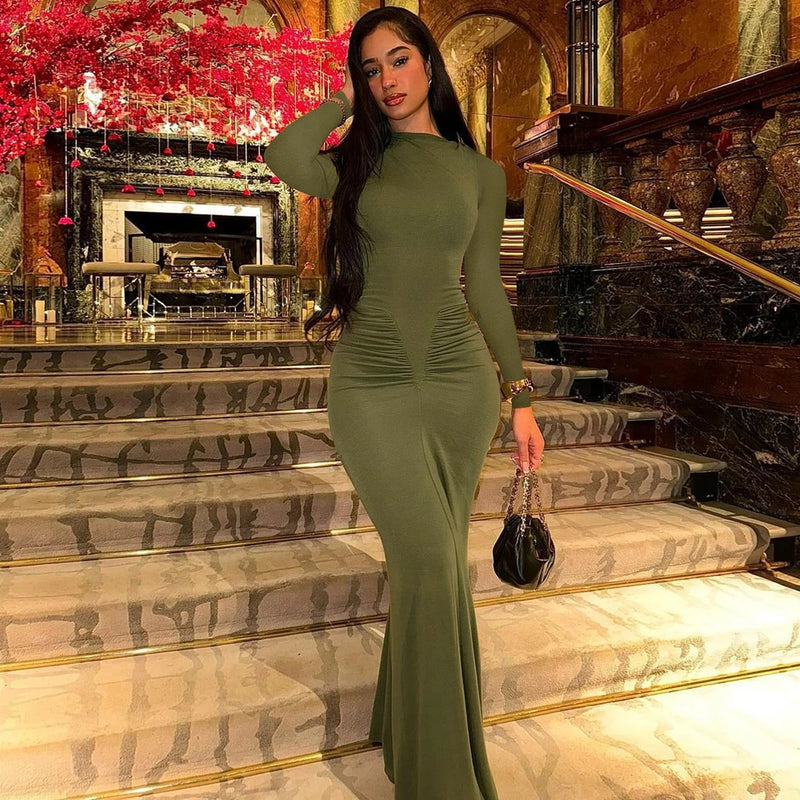 Hugcitar 2024 Autumn Solid Long Sleeve Draped Sexy Bodycon Maxi Prom Dress Women Fashion Y2K Outfits Evening Party Festival