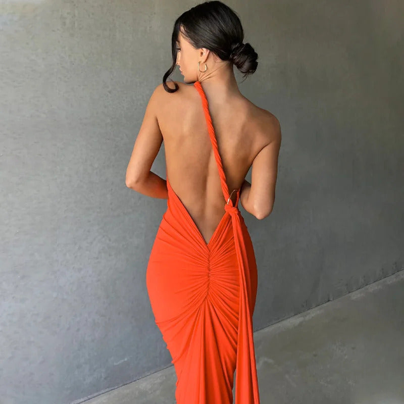 Mozision Oblique Shoulder Backless Maxi Dress For Women Gown Summer Back Strap Sleeveless Ruched Party Sexy Long Dress Vestidos