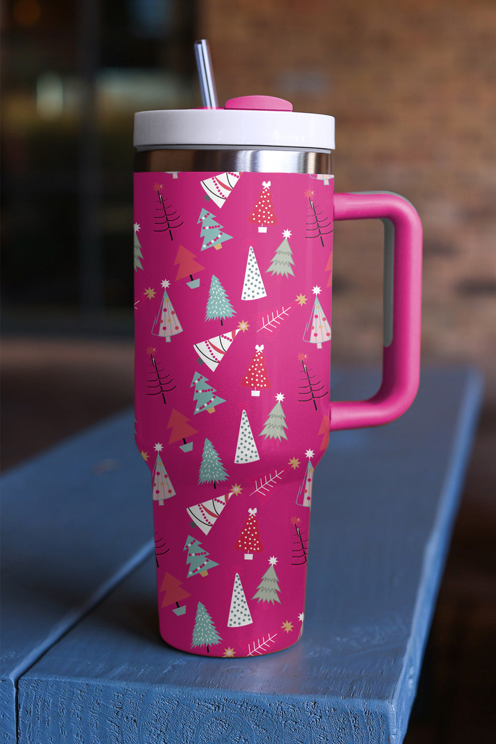 Rose Red Cartoon Christmas Tree Printed Thermos Cup