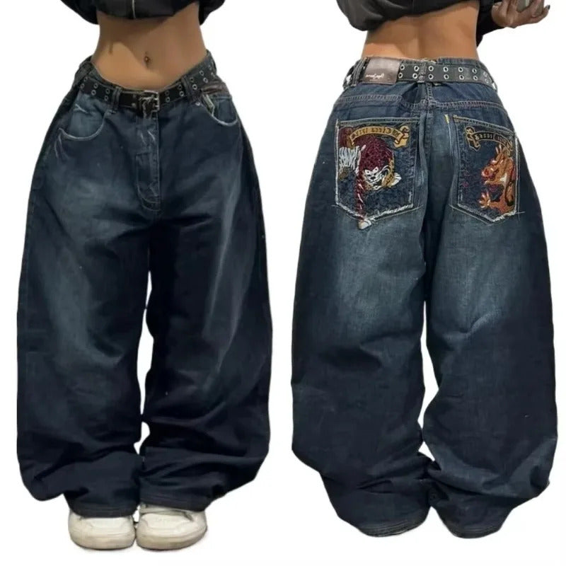 2024 New American Trend Retro Hip-hop Embroidery Pattern Baggy Jeans For Men And Women Y2K Harajuku Gothic Wide Pants Streetwear