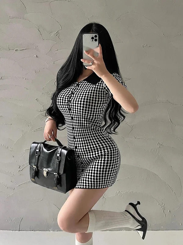 American Style Diamond Checkered Lapel Single Breasted Slim Short Sleeved Dress Elegant Tight Thin Dress T Shirt Mini Dress X0P7