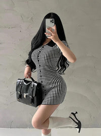 American Style Diamond Checkered Lapel Single Breasted Slim Short Sleeved Dress Elegant Tight Thin Dress T Shirt Mini Dress X0P7