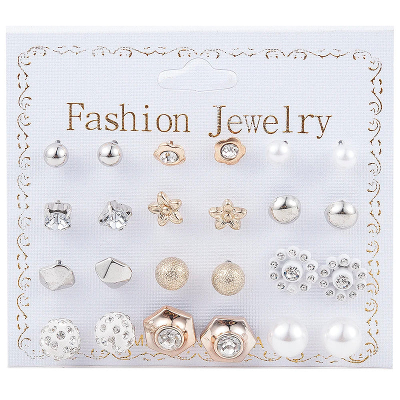 2020 NEW 12~36 Pairs Fashion Women Girls Resin Plastic Crystal Diamante Flower Stud Earrings Set Random Style Gold Color Jewelry