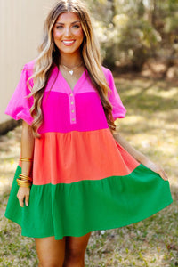 Women's Color Block Tiered Puff Sleeve Dress