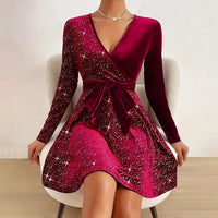 Women's Sexy V-Neck Sequin Glitter Belt Mini Dress Party Dresses Fashion Hot Sale Solid Elegant  Velvet Long Sleeve Dresses