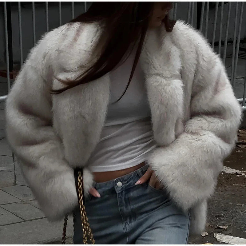 Solid Fluffy Faux Fur Women Thick Coat Fashion Warm Lapel Long Sleeve Short Jackets 2024 Winter Female Elegant Street Outerwear