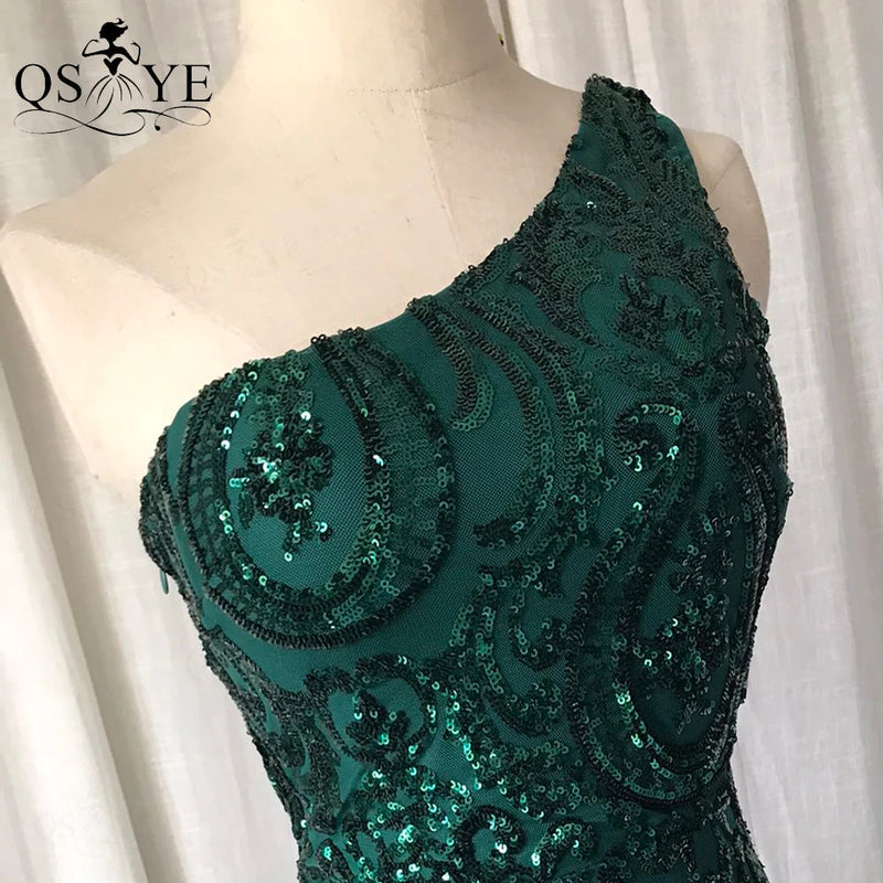 One Shoulder Emerald Evening Dresses Green Sequined Long Mermaid Prom Gown Glitter Elegant Party Dress Pattern Lace Formal Dress