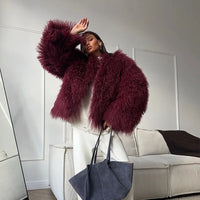 Burgundy Fluffy Faux Fur Warm Short Coat Lady Elegant Round Neck Long Sleeve Cardigan Jacket 2024 Women Winter Street Outerwear