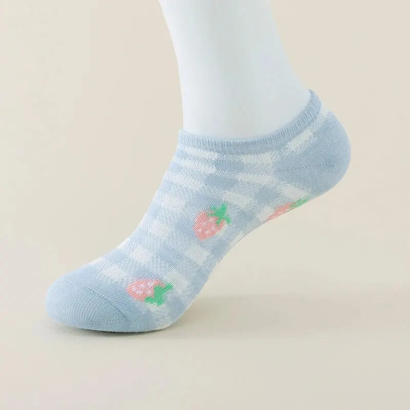 5 Pairs of WOMEN'S Summer Thin Socks, Sweet, Cute, Breathable, Mesh Comfortable, Strawberry Pattern, Small Floral Fragments