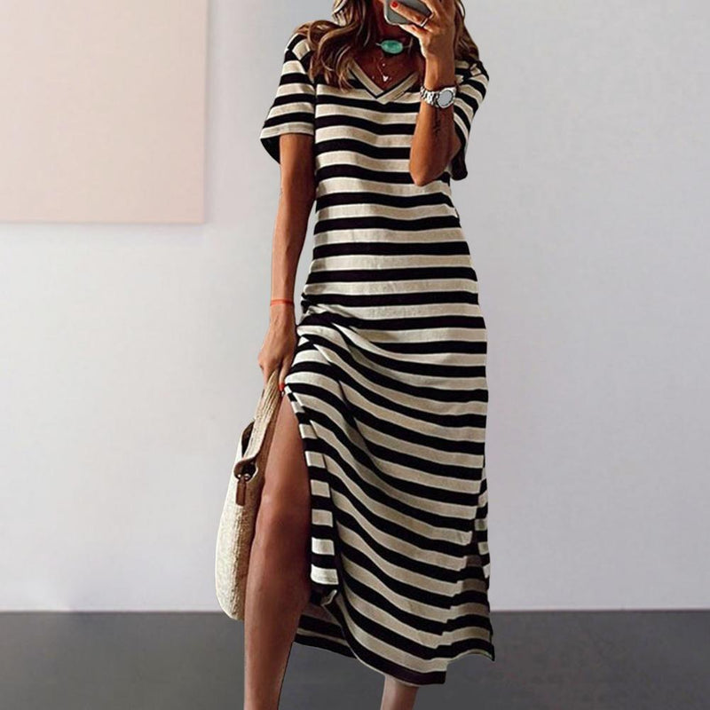 Summer Dresses 2023 Woman Plus Size Dresses For Women Casual Stripe Print V-neck Short Sleeve Loose Long Dress Robe Femme