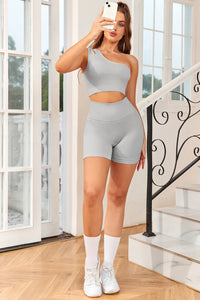 Gray Single Split Shoulder Ribbed Cropped Sports Top