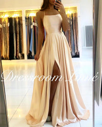 FATAPAESE Prom Dress Spandex satin Slit Side Dress A-LINE Scoop Stretch Slip Satin High Split Long Simple Evening Party