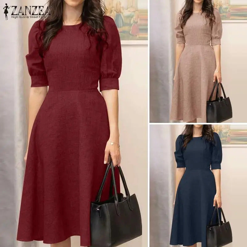 ZANZEA Elegant Women Office Work Dress Summer Half Sleeve Sundress Stylish Slim A-line Vestidos Solid Knee-length Robe Femme