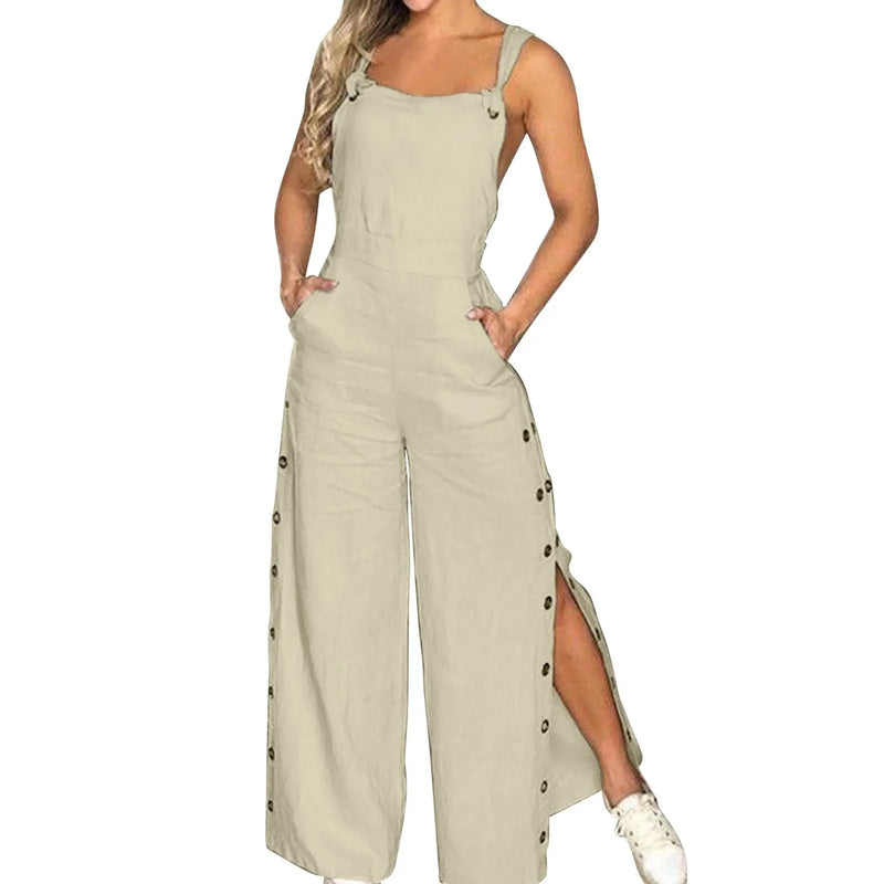 Summer Fashion Womens Sleeveless Jumpsuit Rompers Ladies Solid Wide Leg Button Openings Long Trousers Suspenders Overalls Pocket