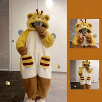 Women Cute Robe Plush Thick Sleepwear Thickened Warm Flannel Cartoon Sleeping Bag Animal One-Piece Pajamas Men Women Homewear