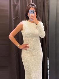 Elegant Solid Sequined Dress Women Detachable Sleeve Cover Glitter Party Dresses Female 2024 Fashion Shining Evening Robe Lady