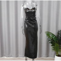 Vegan Leather Midi Dress Zipper Wrinkle Slim Bra Dress Sleeveless Backless Split High Waist Dresses 2024 Lady Evening Party Robe