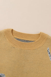 Camel Fuzzy Cheetah Accent Round Neck Sweater