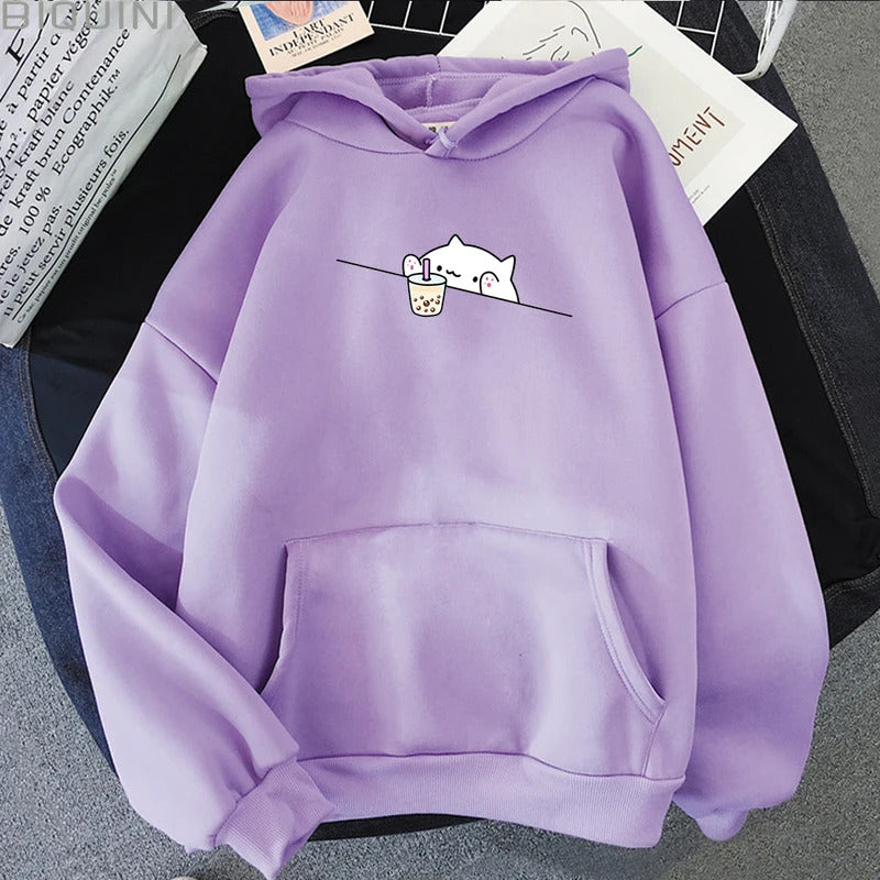 Bubble Tea Graphic Printed Casual Pullover Cartoon Female Hooded Clothes Plus Size Hoodie Kawaii Cat And Boba Women Sweatshirts