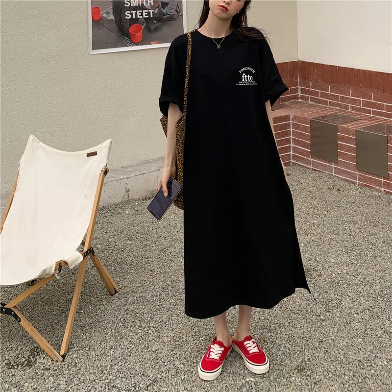 1 Piece plus Size WOMEN'S Loose Split Knee-length T-shirt Dress Casual Simple Fashionable Letter Print Nightgowns