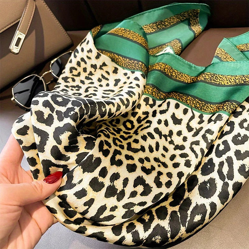 Fashionable 70*70cm Leopard Print Scarf For Women Spring/summer Soft Satin Borders Square Bandana Sun Protection Shawls