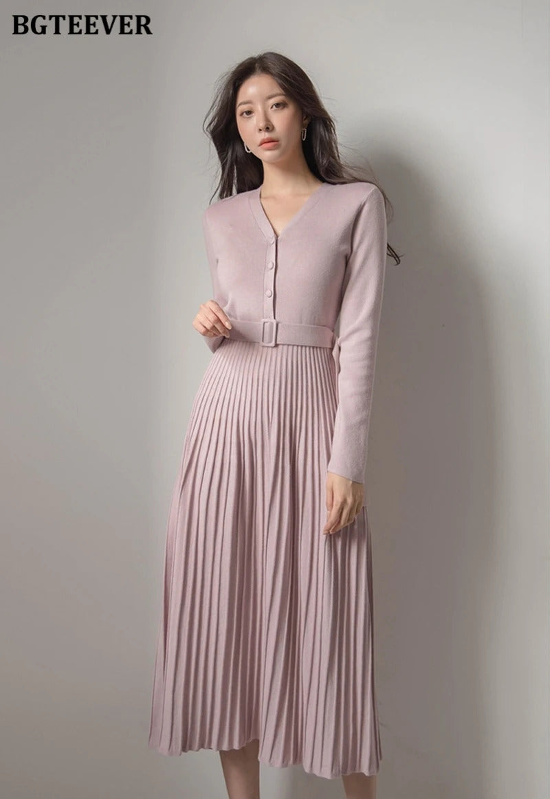 BGTEEVER Elegant V-neck Single-breasted Women Thicken Sweater Dress 2021 Autumn Winter Knitted Belted Female A-line soft dresses