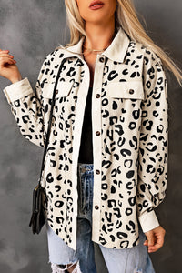 Apricot Collared Neckline Flap Pockets Leopard Corduroy Jacket