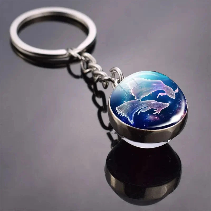 12 Constellation Key Chain Luminous Double Sided Glass Ball Pendant 12 Zodiac Key Chain Fashion Birthday Gift for Men and Women