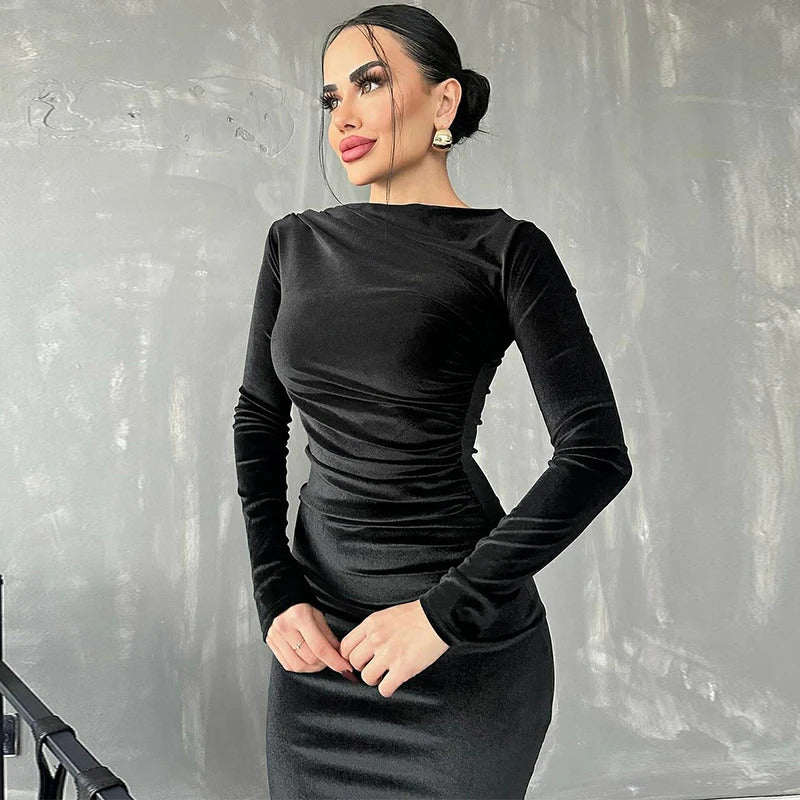 Dulzura Velvet Solid Midi Dress Long Sleeves 2023 Autumn Winter Women'S Outfits Sexy Wholesale Drop Shipping Clubwear Birthday