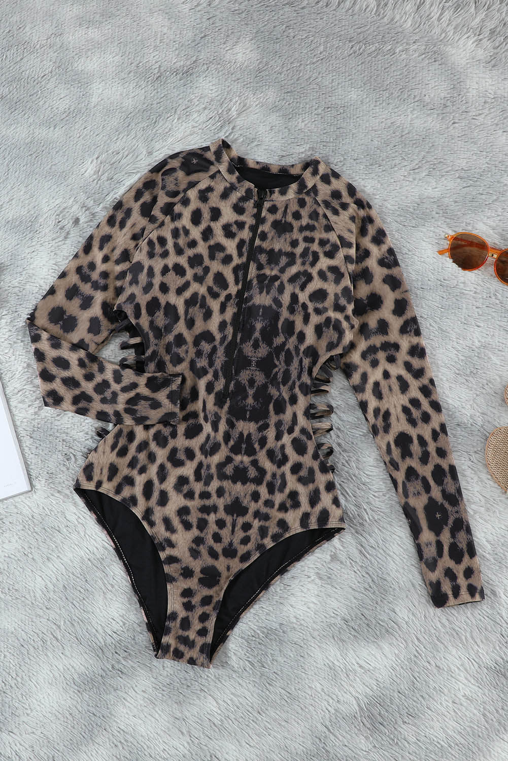 Green Leopard Print Zipper Cut-out Rash Guard Swimsuit