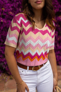 Pink Stripe Chevron Pointelle Knit V Neck Short Sleeve Sweater