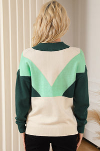 Multicolor Geometric Color Block Knit Button V Neck Sweater