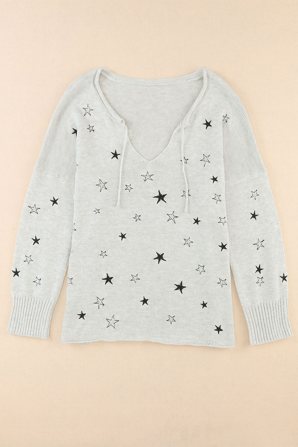 Gray Mini Starfish Embroidery Lightweight Knit Sweater