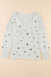 Gray Mini Starfish Embroidery Lightweight Knit Sweater