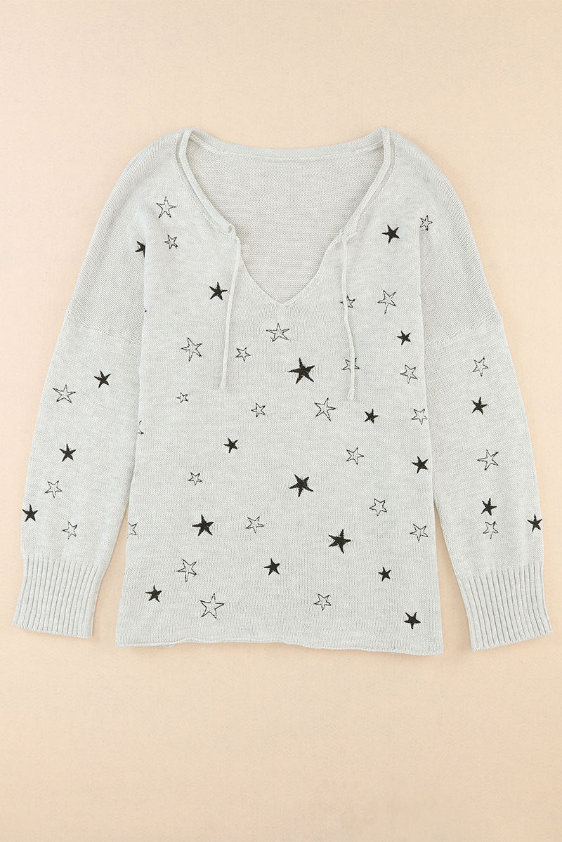 Gray Mini Starfish Embroidery Lightweight Knit Sweater