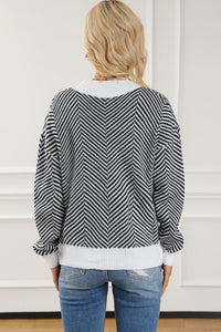 Black Zig Zag Stripe Buttoned Sweater Cardigan