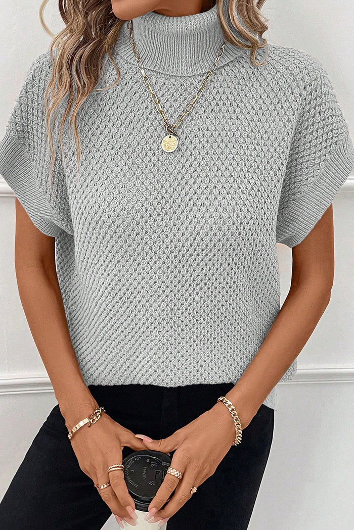 Light Grey Turtleneck Textured Short Sleeve Sweater