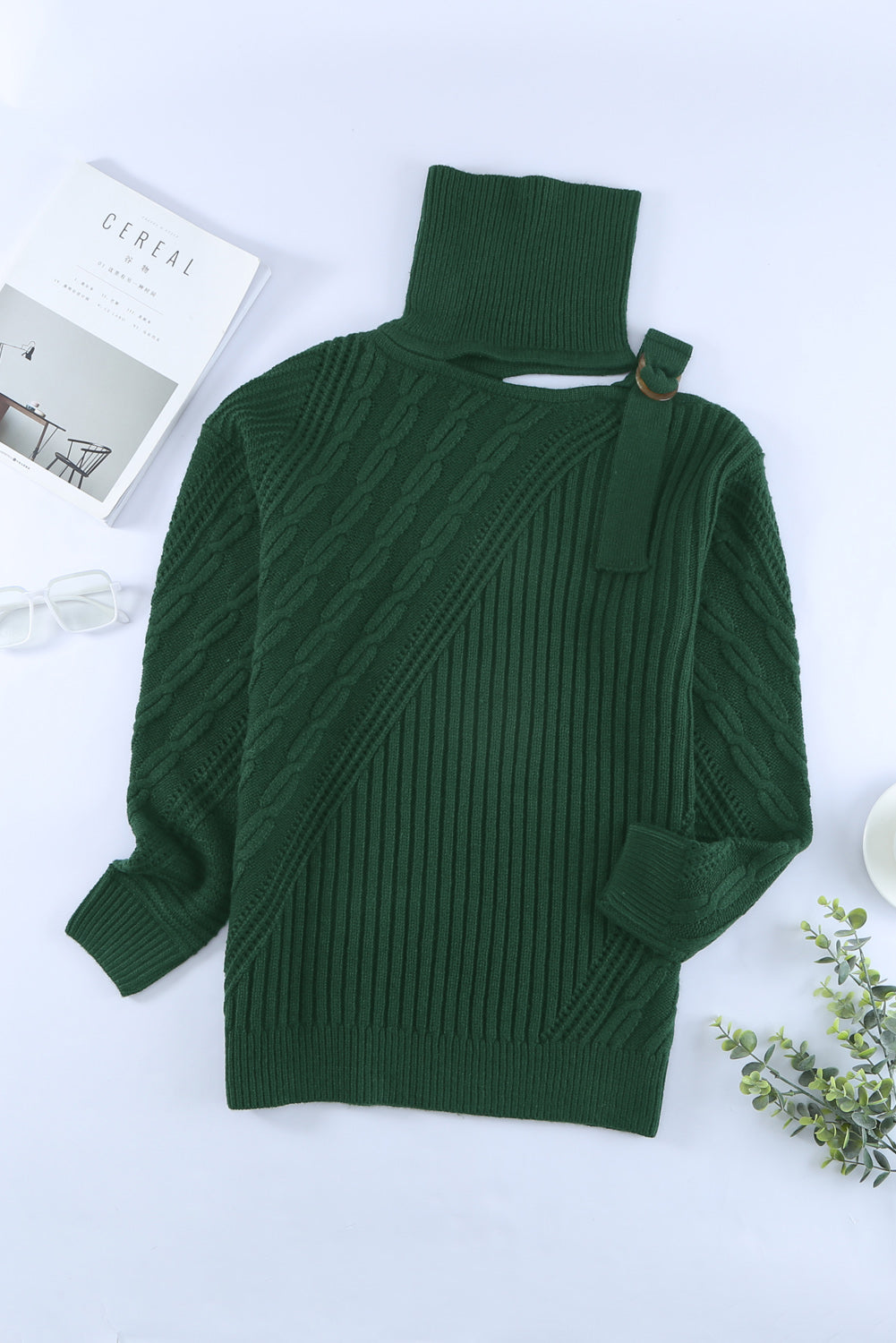 Green Strapped Cut out Shoulder Turtleneck Sweater