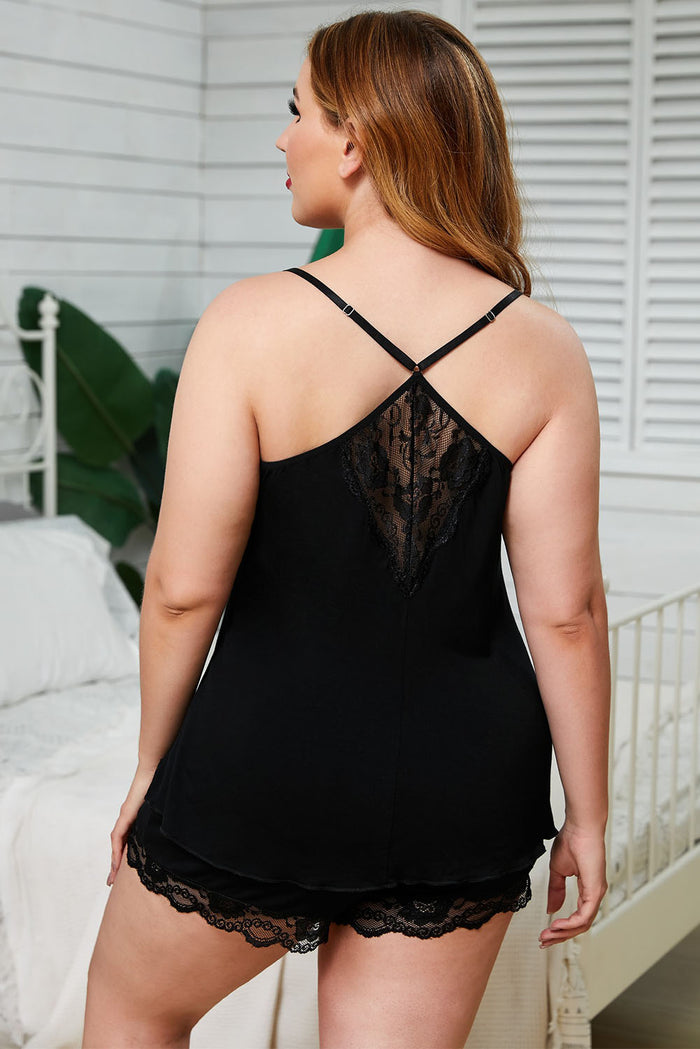 Black Black Spaghetti Straps Lace Trim Plus Size Pajamas Set