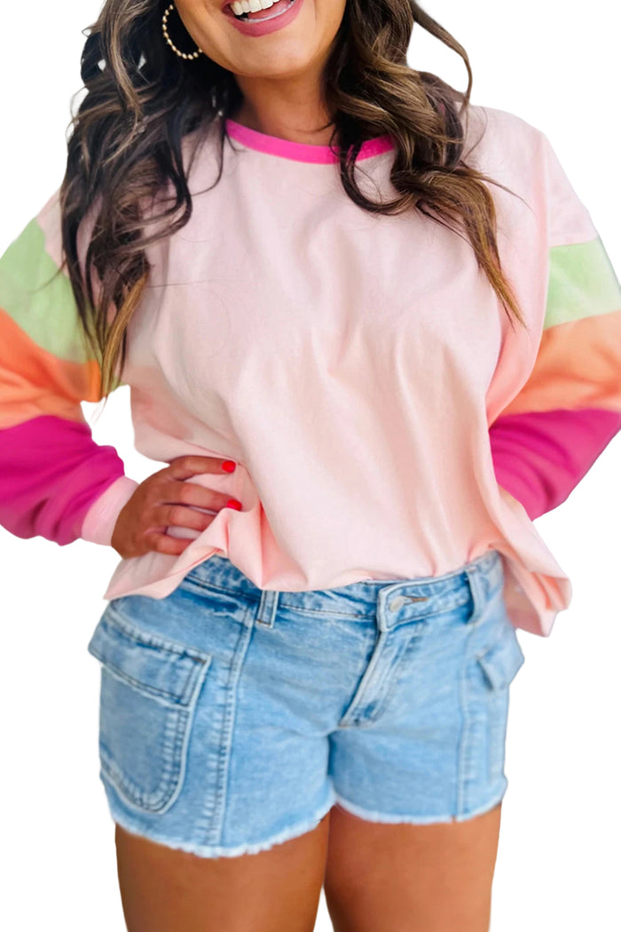 Pink Colorblock Patchwork Long Sleeve Plus Size Top