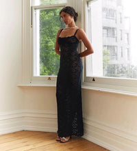 Elegant Lace See Through Maxi Dress Women Summer Sexy Spaghetti Straps Bodycon Wedding Party Dresses 2023 Black Split Long Dress