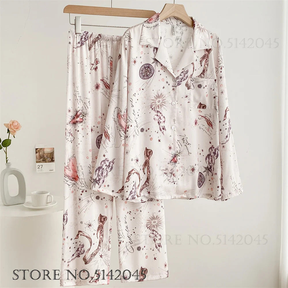 Fashion Print Flower 2PCS Pajamas Set Women Sleepwear Spring Summer Trouser Suits Lounge Wear Loose Satin Homewear Pijamas Suit