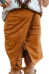 Brown Fringed Wrap Western Midi Skirt