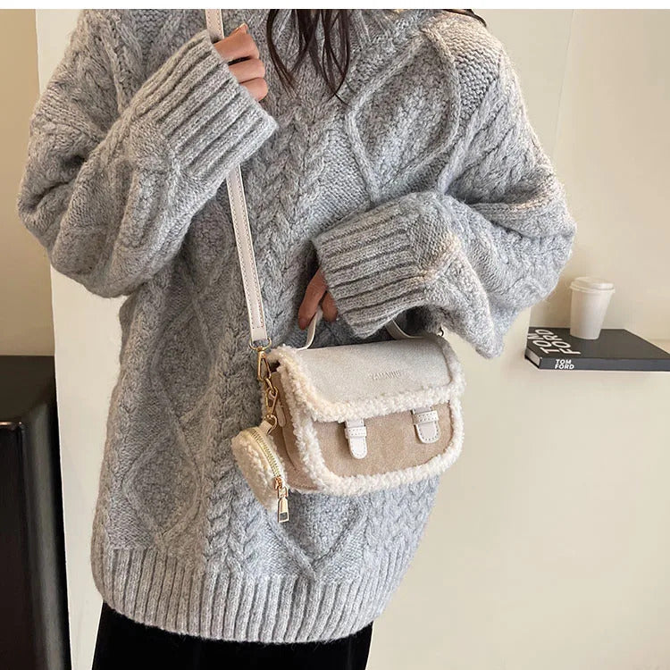 2023 Winter New Women's Plush Small Square Bag Color Contrast Design Single Shoulder Crossbody Bag Brown Handbag